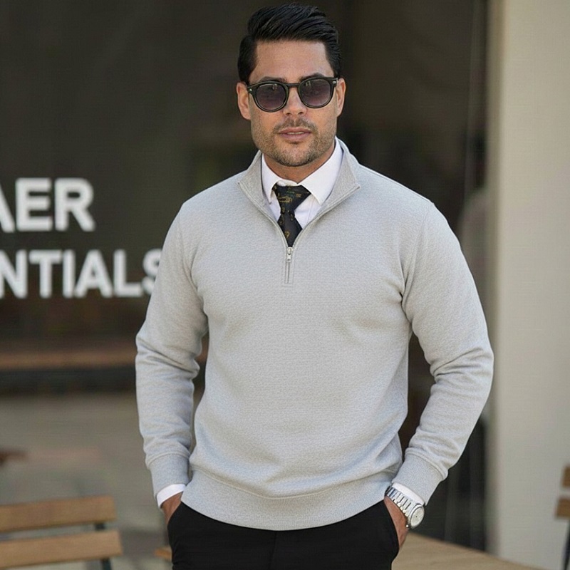 پکیج دورس مردانه نیم زیپ مدل Behbod-طوسی  پیراهن مردانه سفید VQ